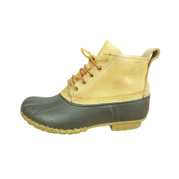 LL Bean Unlined Round Toe Ankle Duck Boots Brown Leather Lace Up Size 9 M - Picture 1 of 9